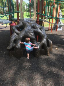 A child on a rock climbing structure in the park.