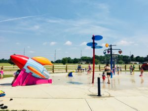 A space-themed splash pad at Fryer Park in Grove City, Ohio.