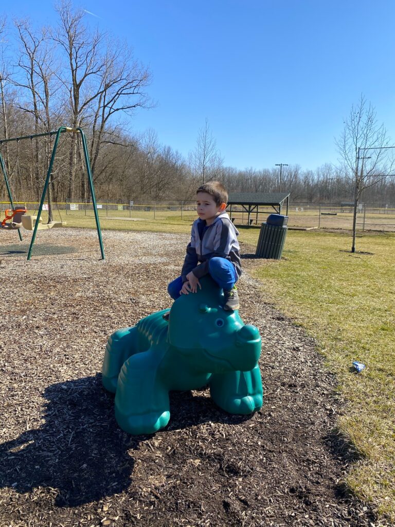 A boy on a dinosaur play structure at Academy Park.