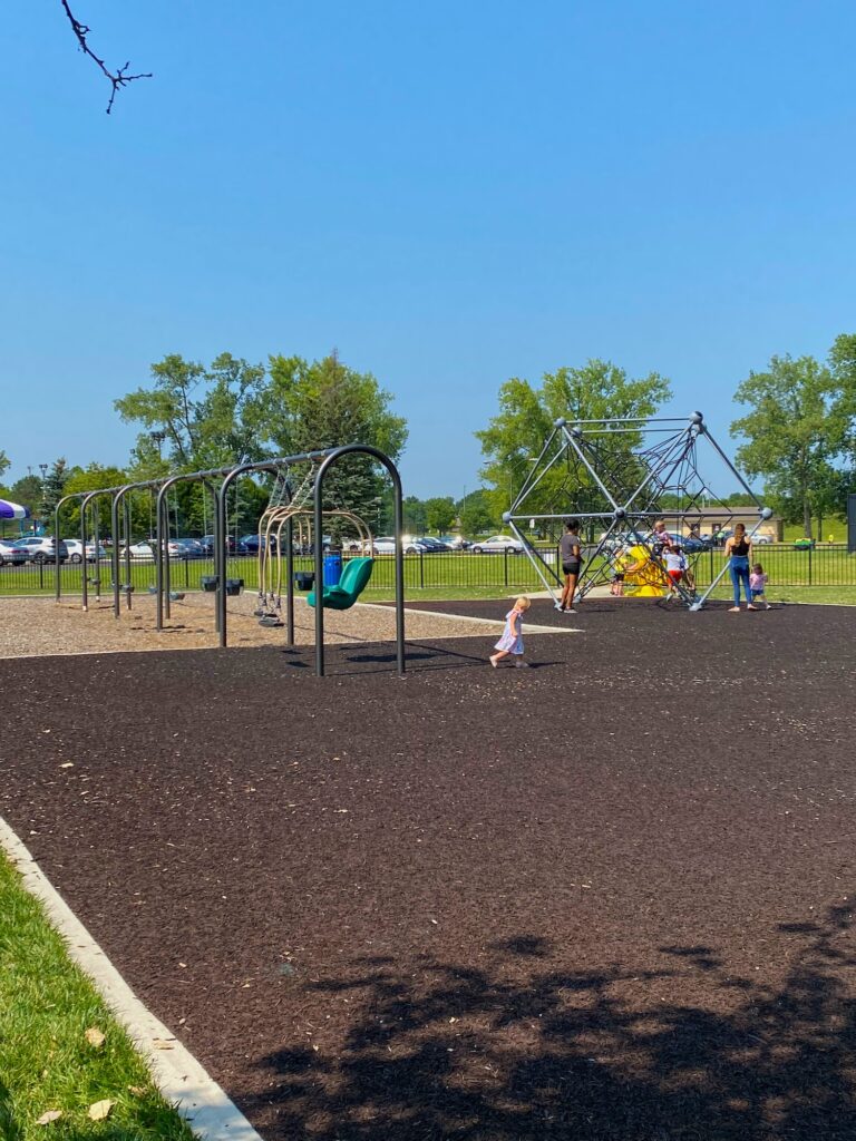 Swings and an Omni climber at the park in Hilliard, Ohio.