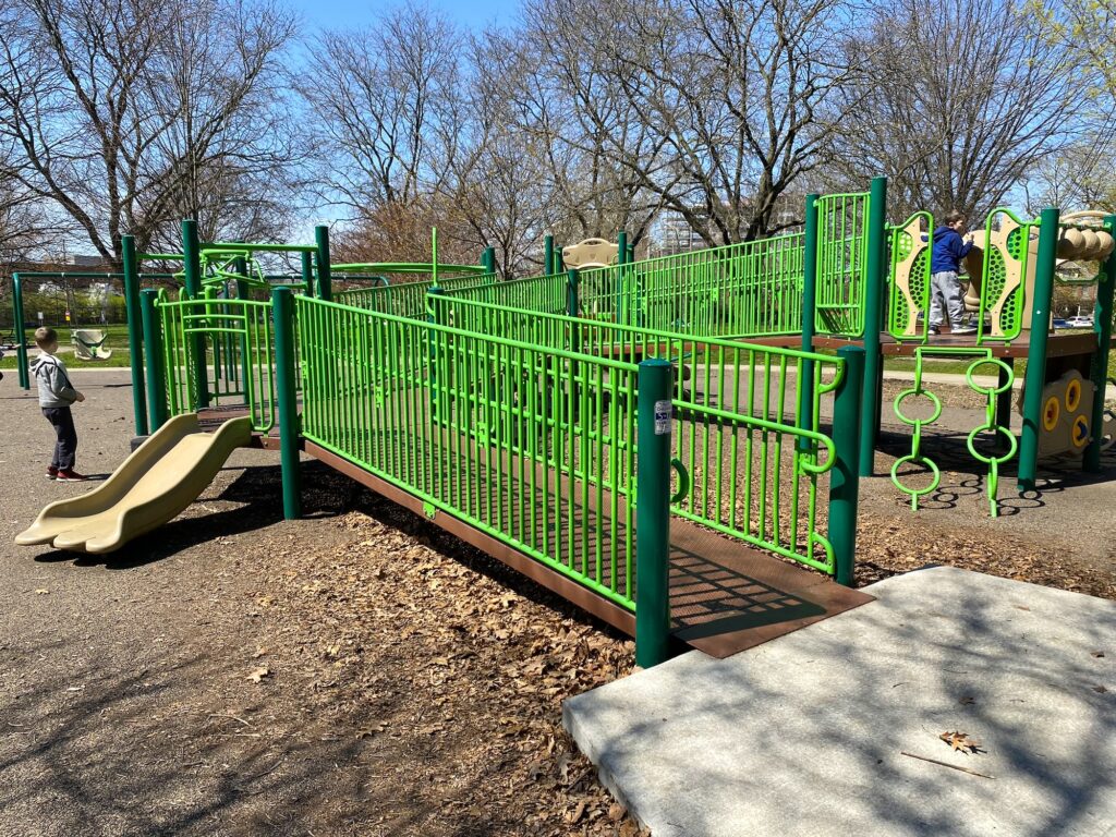 An ADA accessible ramp on the play structure at Goodale Park.