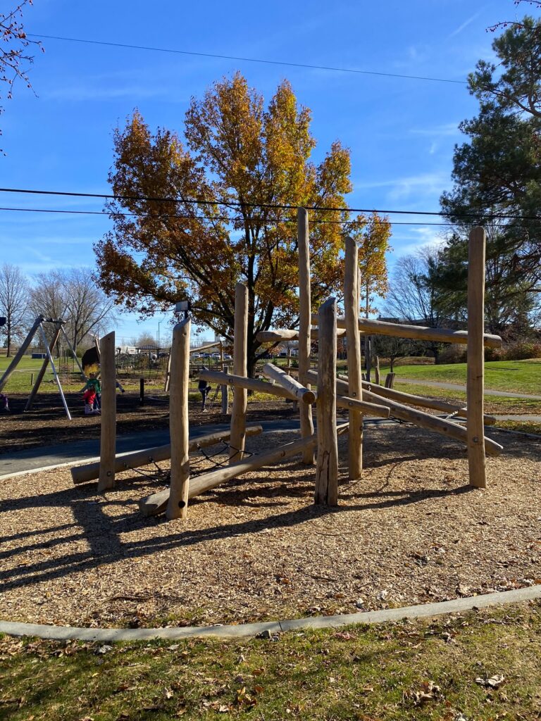 A wooden climbing structure at McCord Park in Worthington.