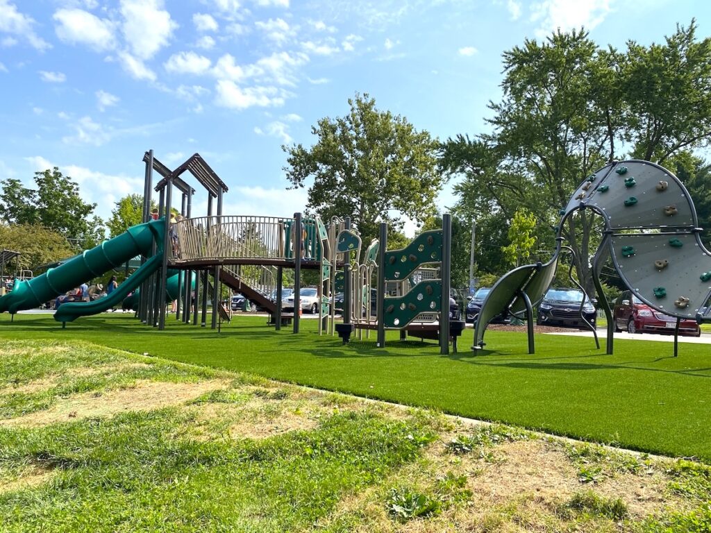 A wide angle view of the main play structure at Selby Park in Worthington, Ohio.