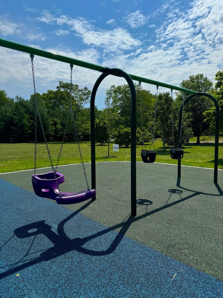 A face-to-face swing and toddler swings at the park.