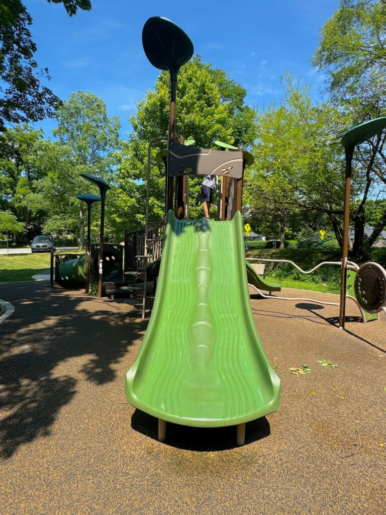 A boy at the top of a double slide.